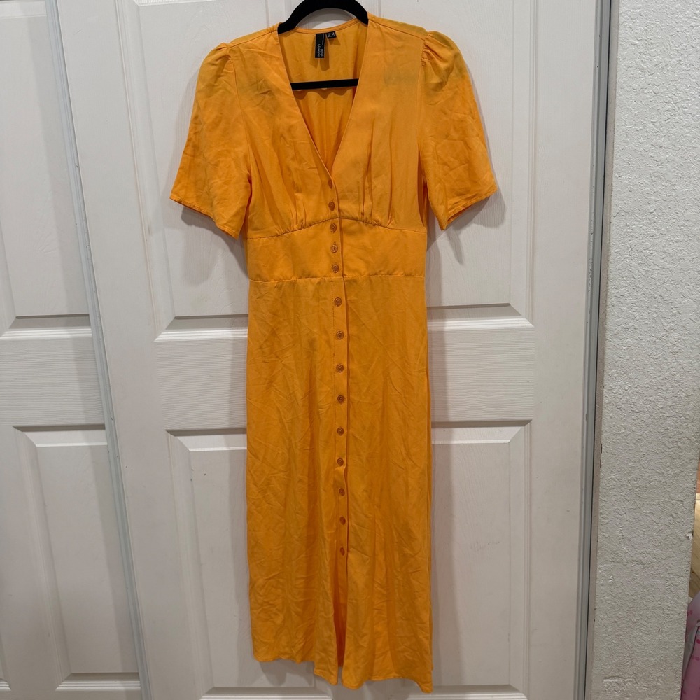 Nobody's Child Orange Linen Blend Button Front Midi Dress Puff Sleeve USA 2